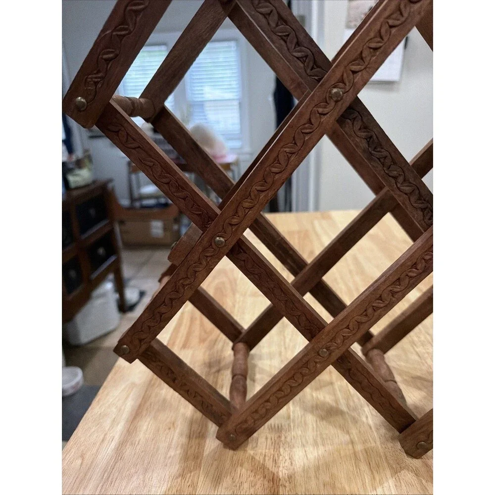 Vintage Wooden Wine Rack Expandable MCM Folding 8-10 Bottle Counter Top